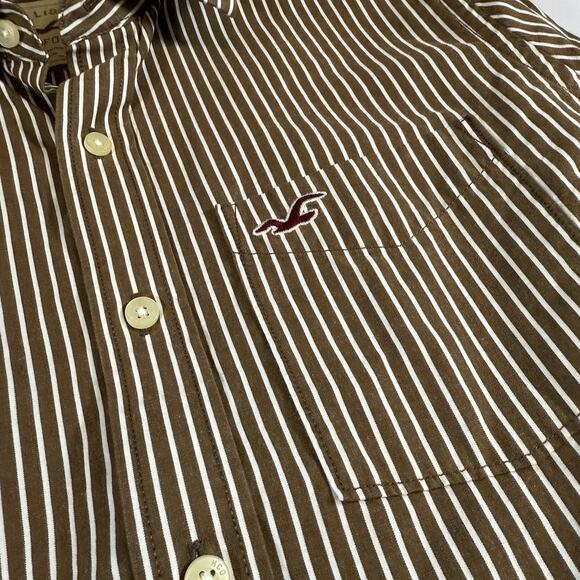 Hollister Vintage Y2K Logo Striped Oxford Button Shirt Brown Mns Medium - Picture 4 of 10